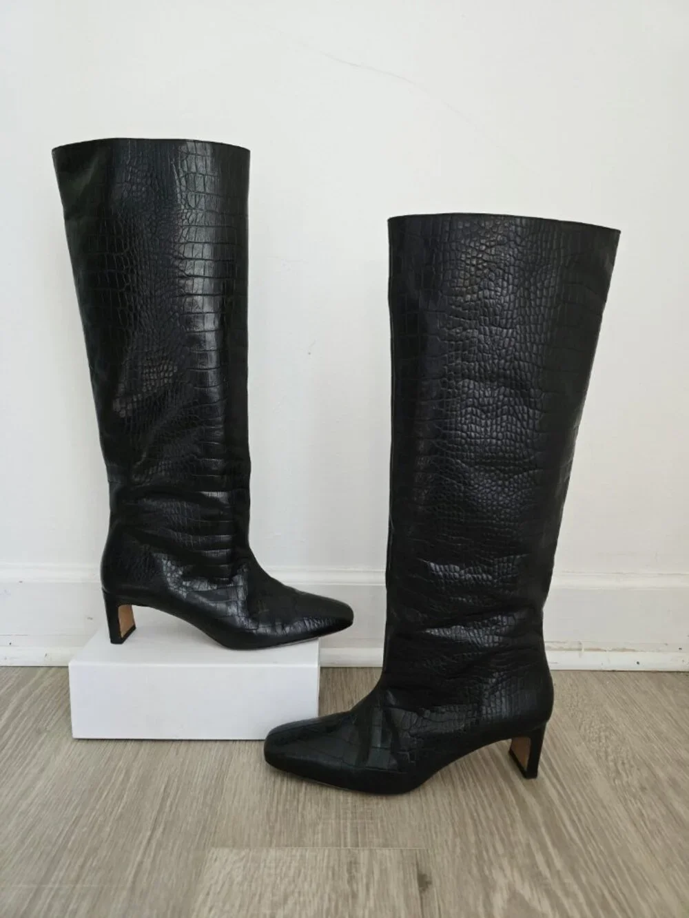 Anine Bing Felicia Croc Embossed Tall Knee Heeled Boots 41 11 Black Leather